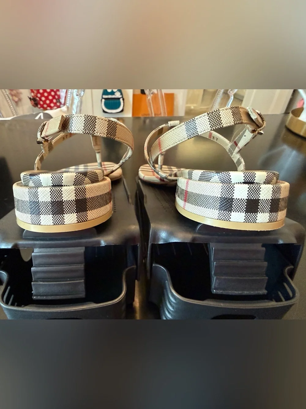 Burberry Beige Plaid T-strap Sandals - Picture 4 of 11